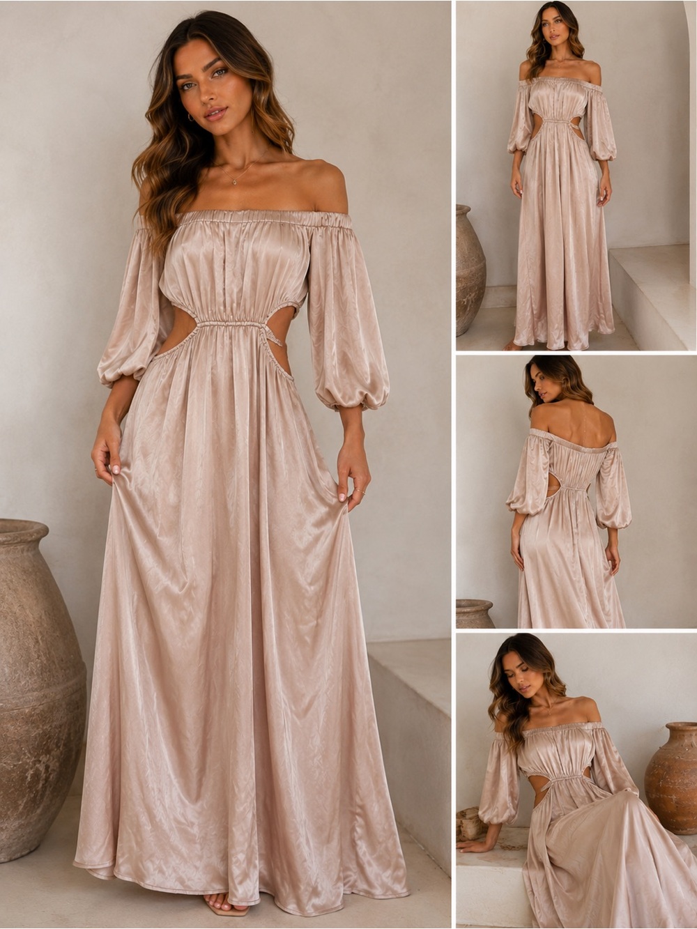 Arula Satin Off Shoulder Cutout Maxi Dress Champagne Resort Glam